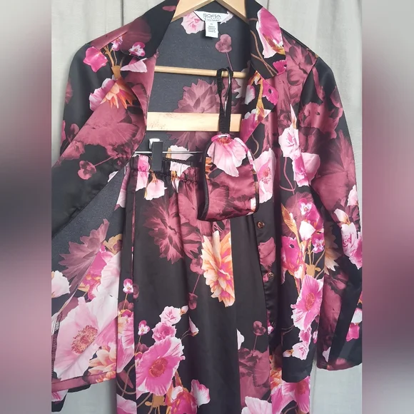 Sofia Vagaras Intimates Satin PJ Set 3pc Black Pink Purple Floral - Picture 3 of 12